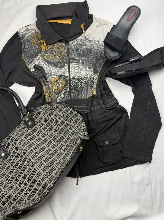 Black patchwork zip up sweatshirt (XXL)