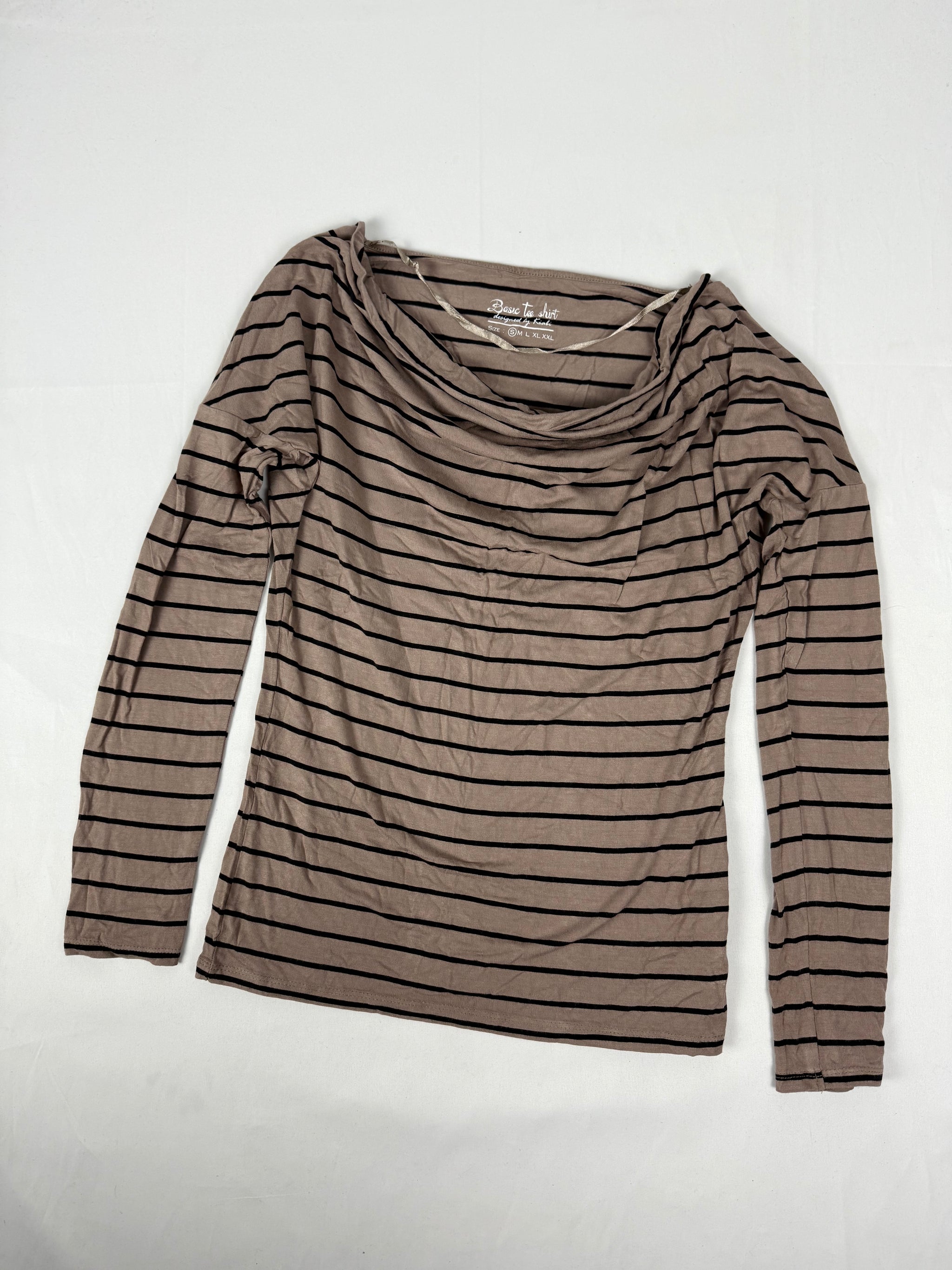Beige striped plunge neck long sleeves top (S)