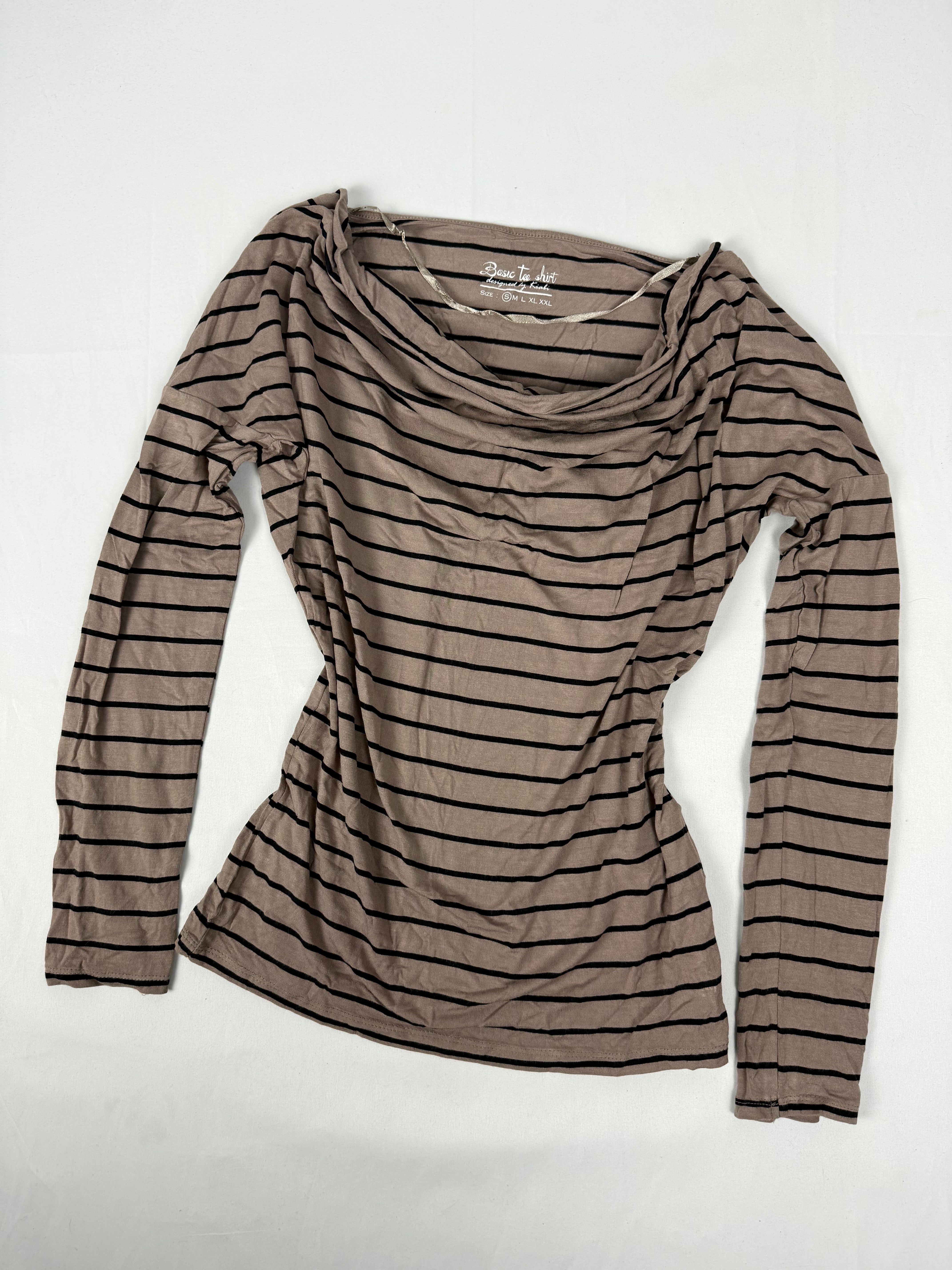 Beige striped plunge neck long sleeves top (S)