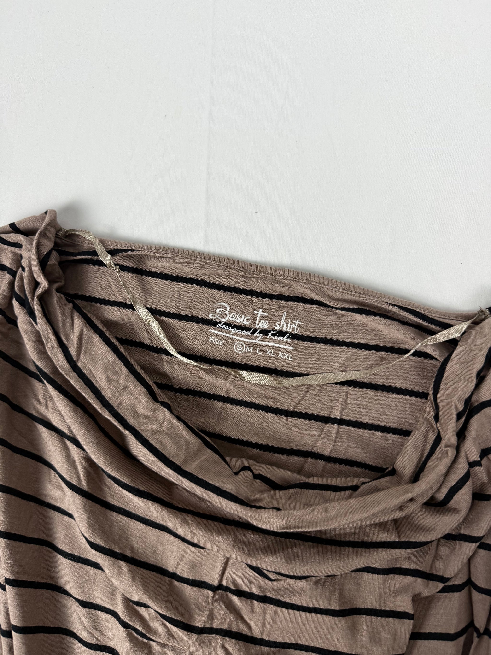 Beige striped plunge neck long sleeves top (S)