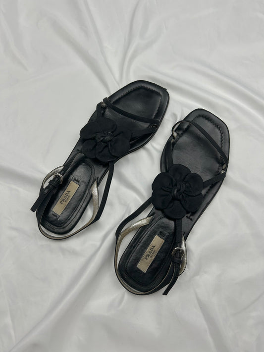 Black flower appliquée summer sandals (38.5)