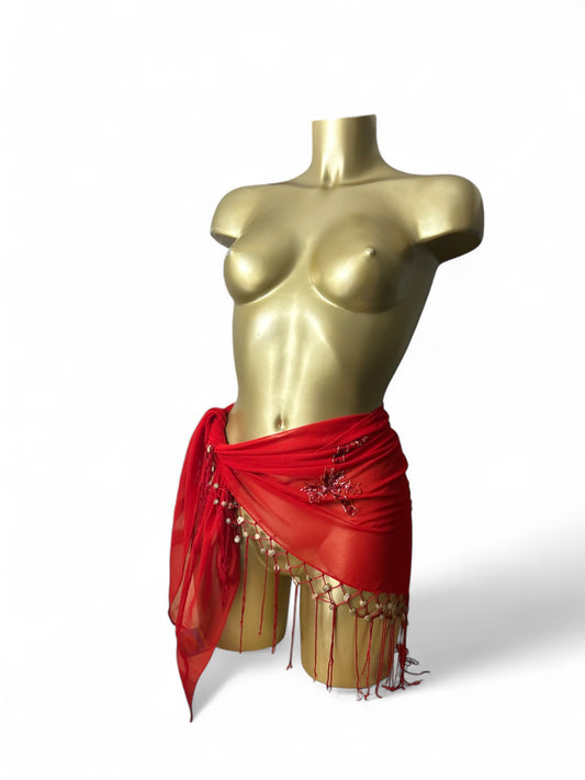Red mesh seashells pareo tie up mini skirt / top