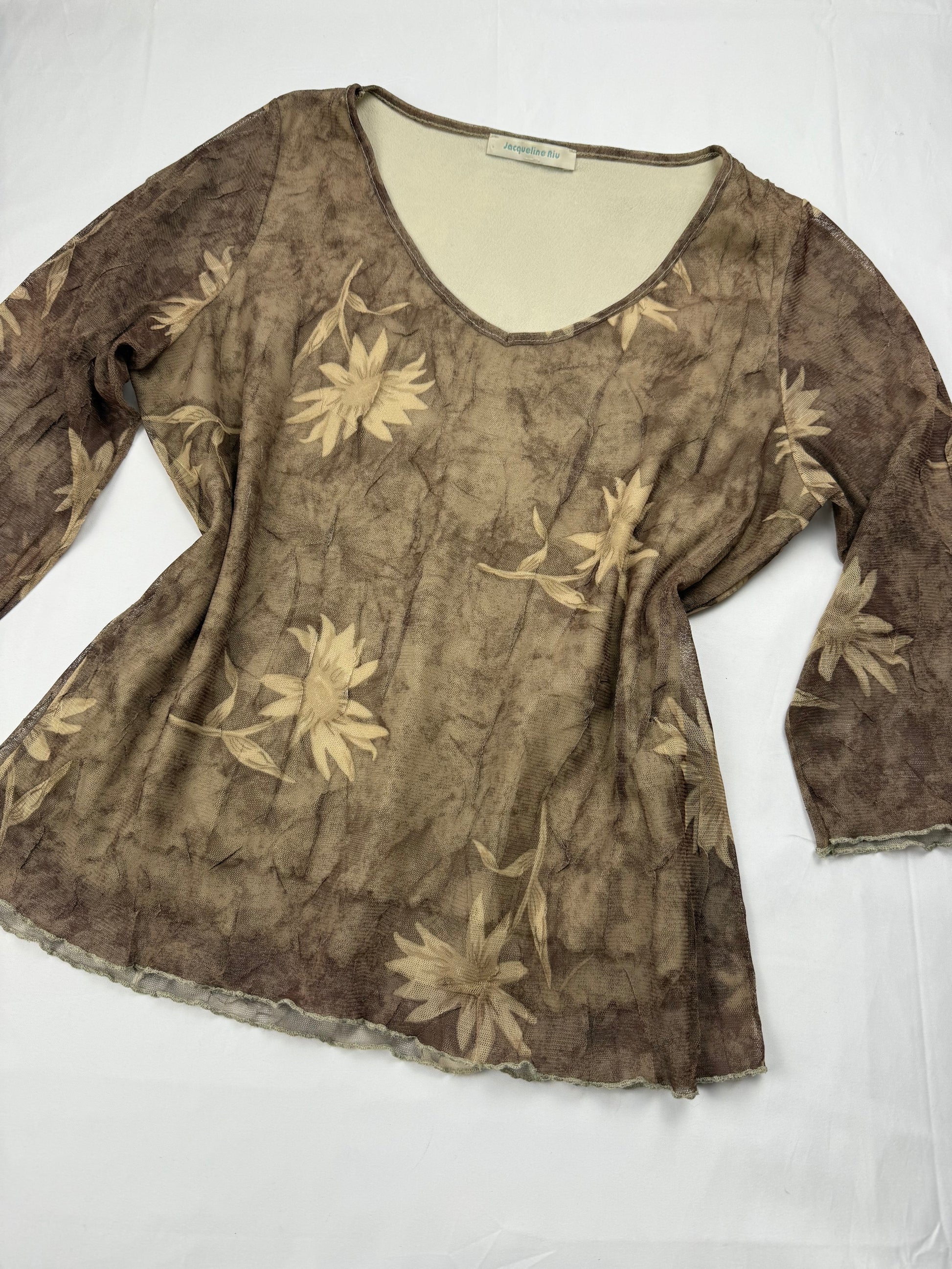 Brown mesh lined flared sleeves top (M)