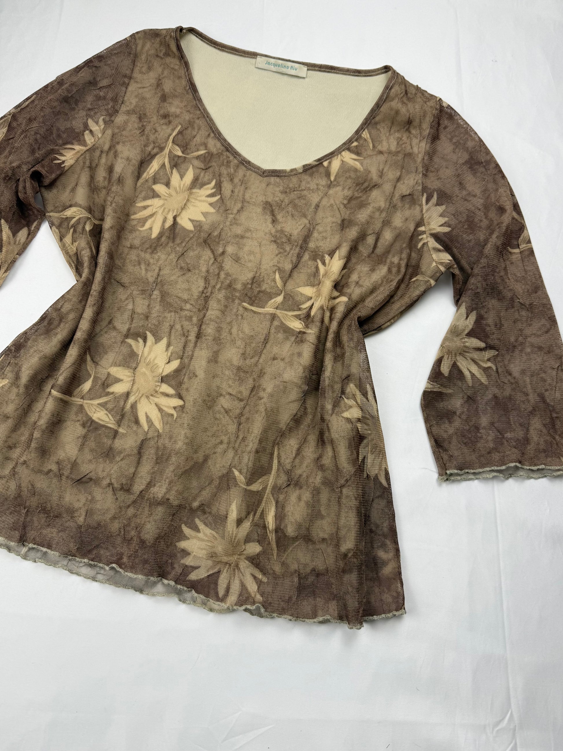 Brown mesh lined flared sleeves top (M)