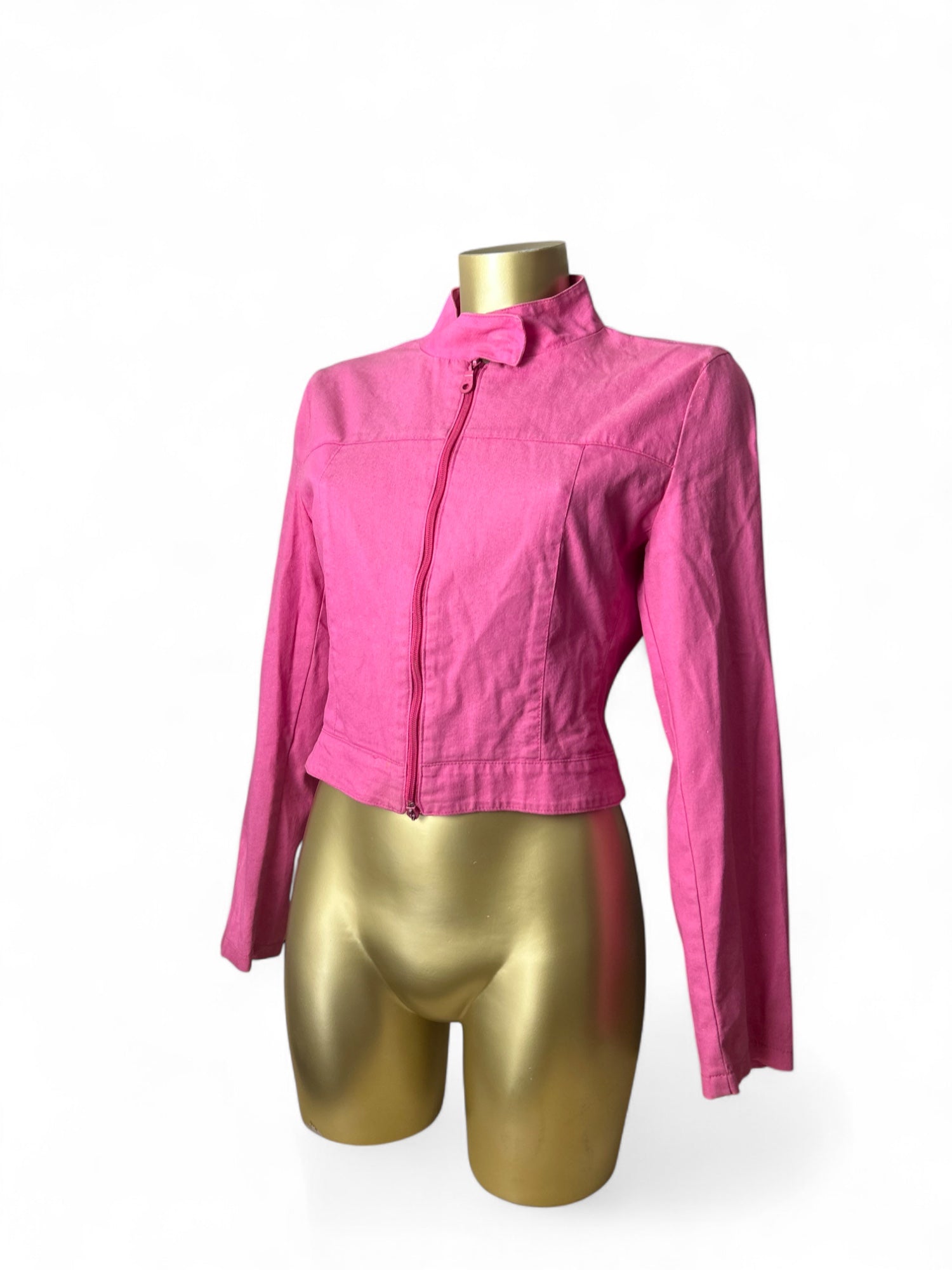 Pink denim zip up biker jacket (M)
