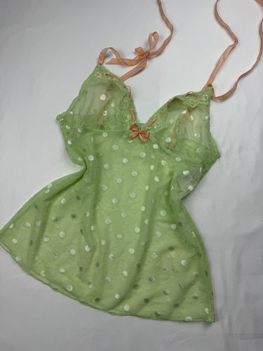 Green tie up polka dots mesh babydoll cami top (M)