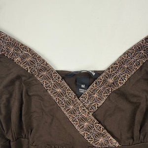 Brown embroidered pearls pleated top (M)