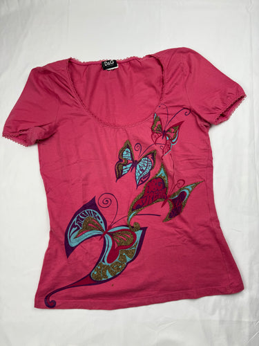 Pink butterfly print cotton stretchy tee (L)