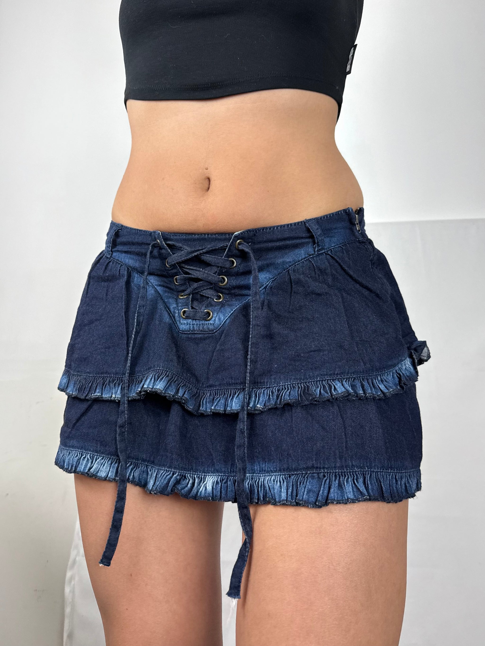 Navy denim pleated low rise mini skirt (S/M)