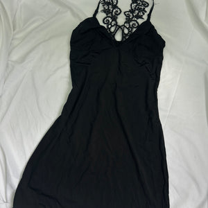 Black embroidered backless mini dress (S/M)