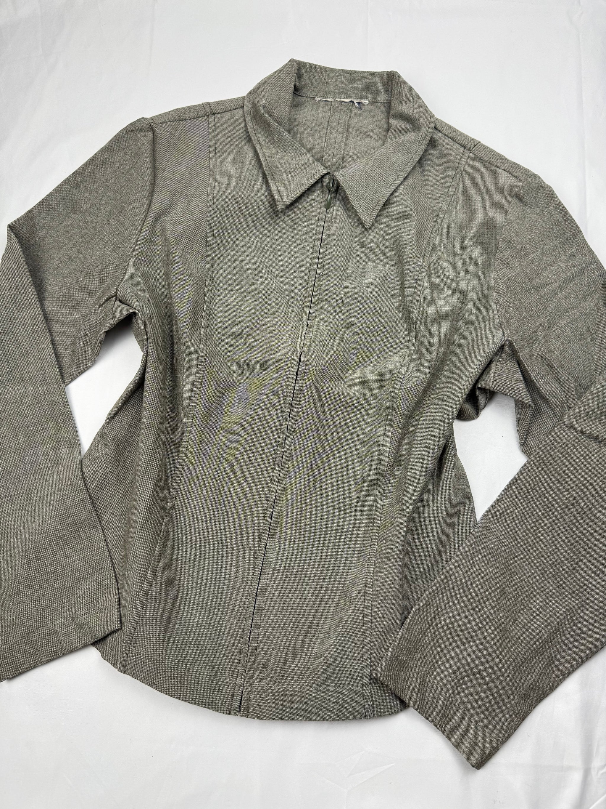Khaki zip up office blazer jacket (L)