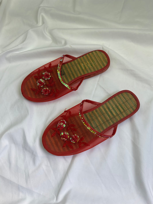 Red mesh sequins flip flops (37)