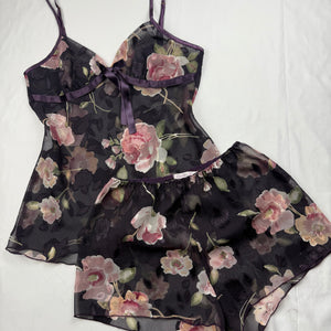 Purple floral mesh cami top + mini shorty set (S/M)