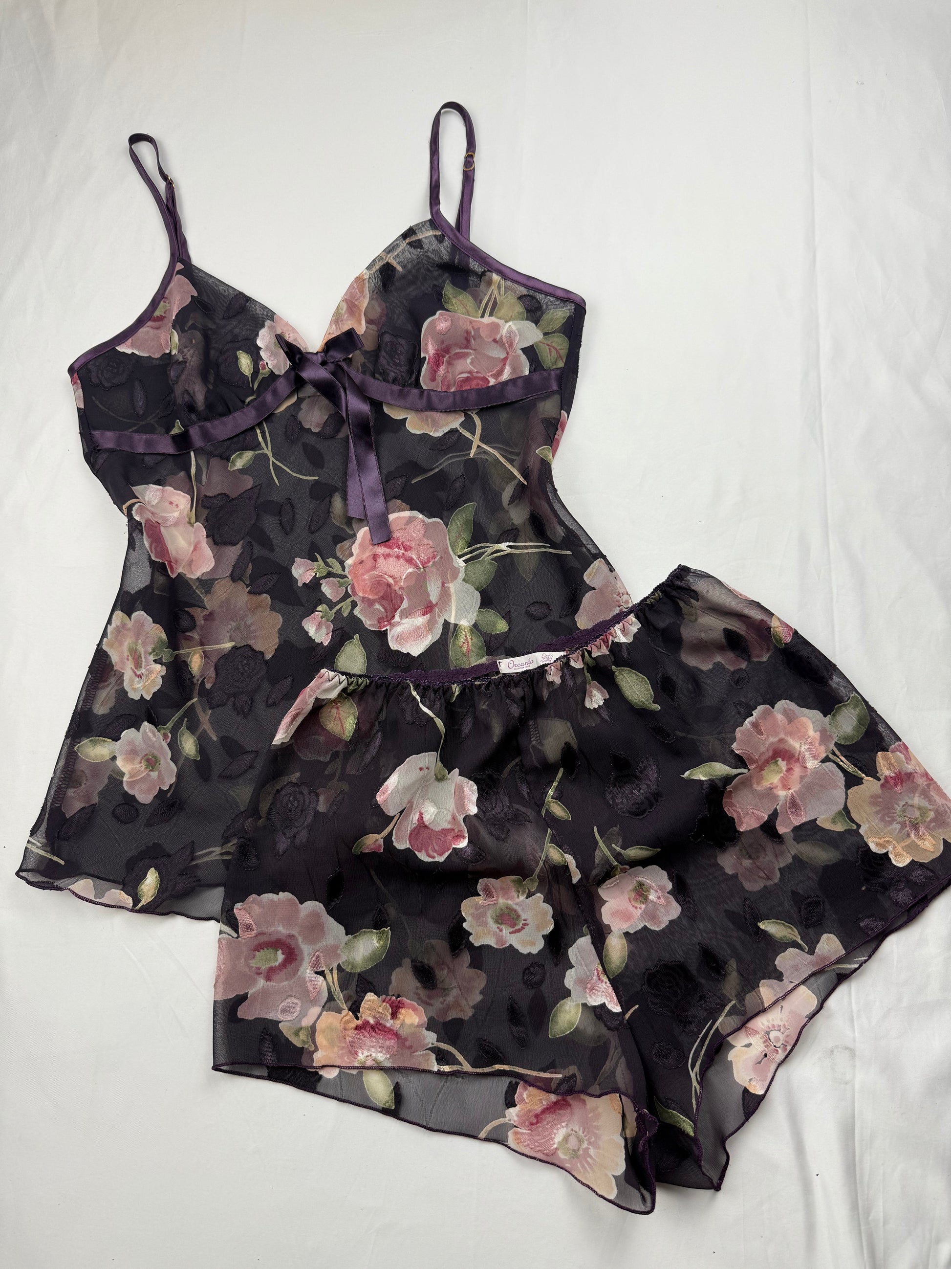 Purple floral mesh cami top + mini shorty set (S/M)