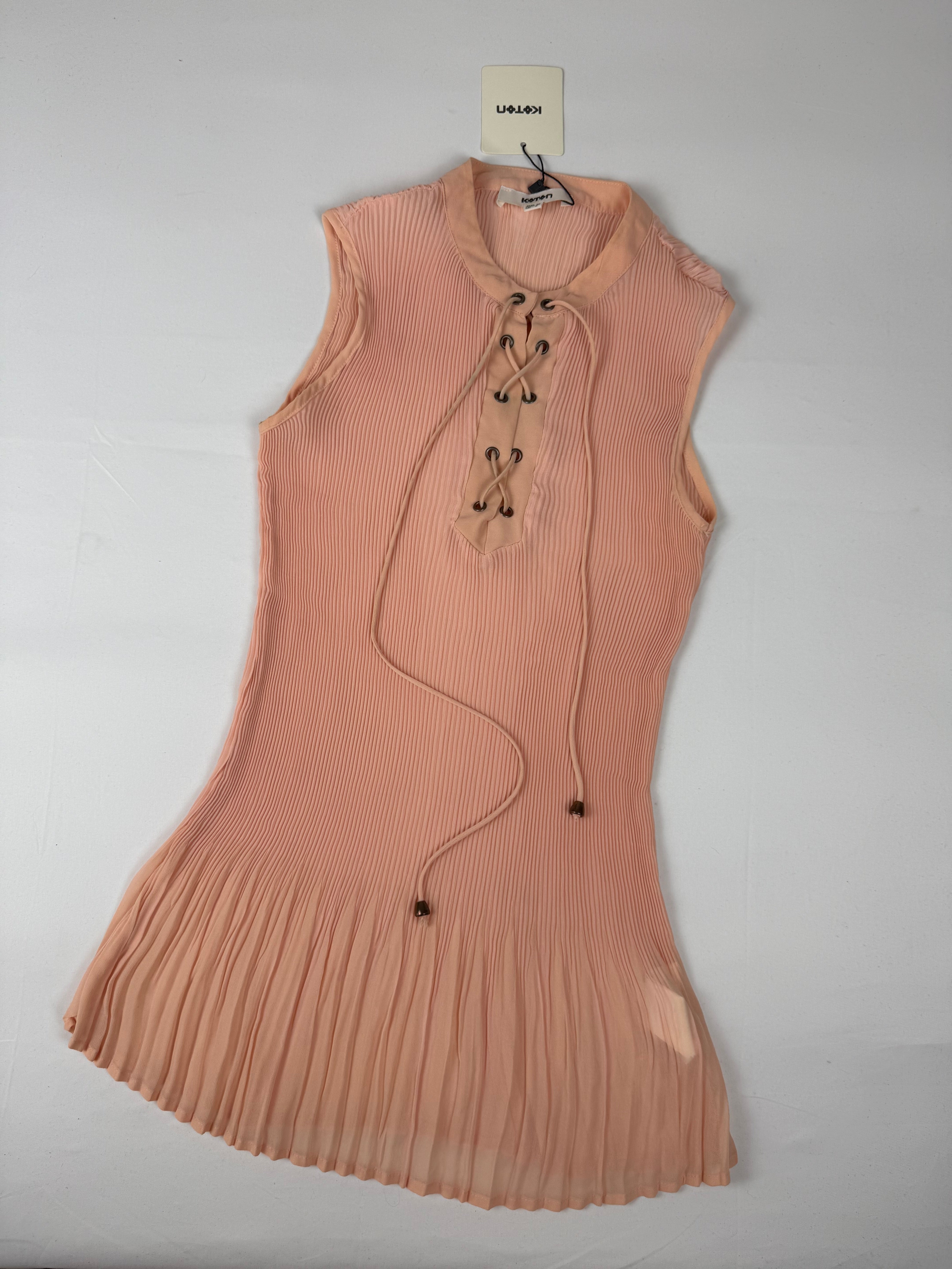 Beige / peach mesh pleated lace up tank top (M)