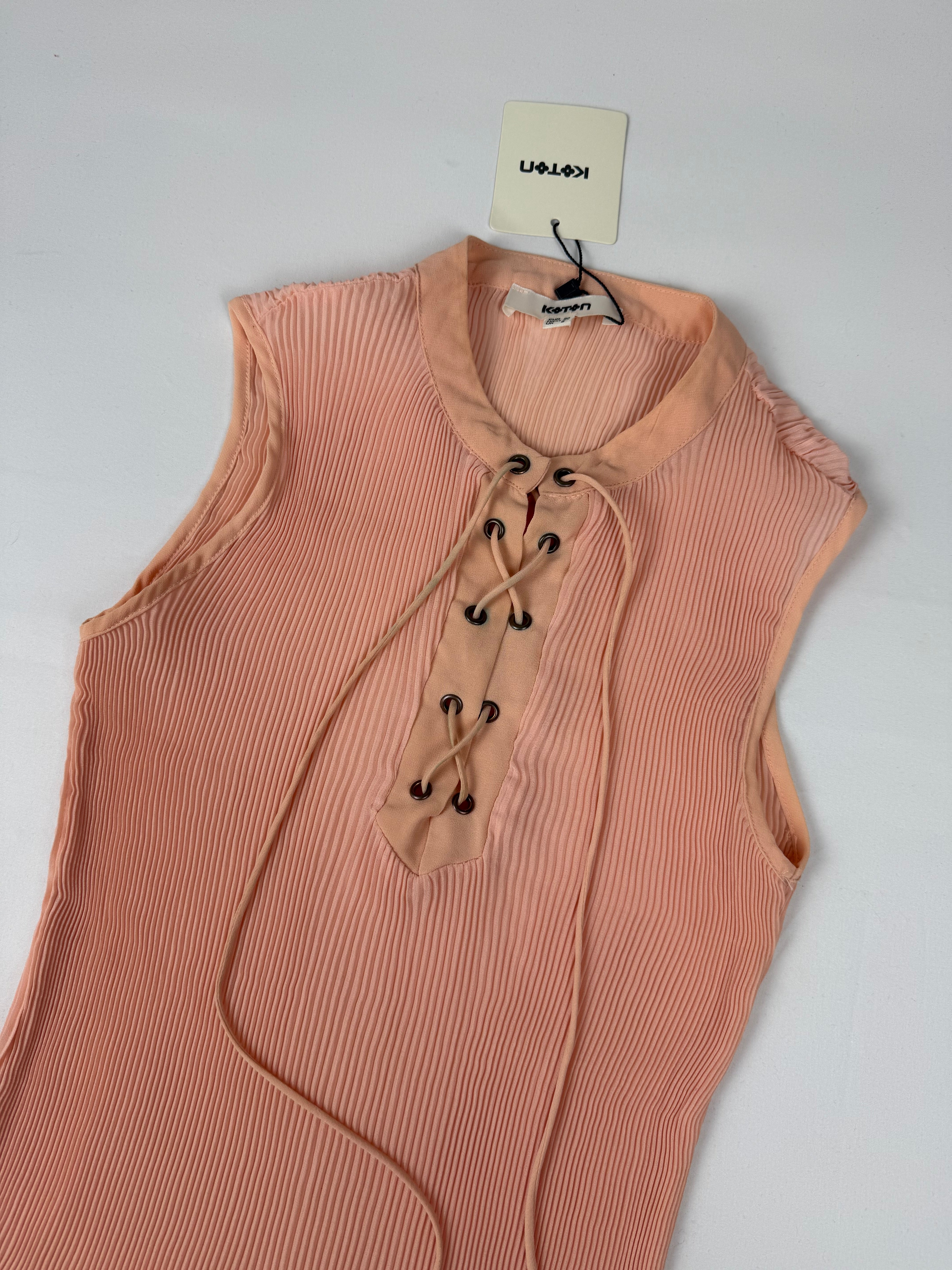 Beige / peach mesh pleated lace up tank top (M)