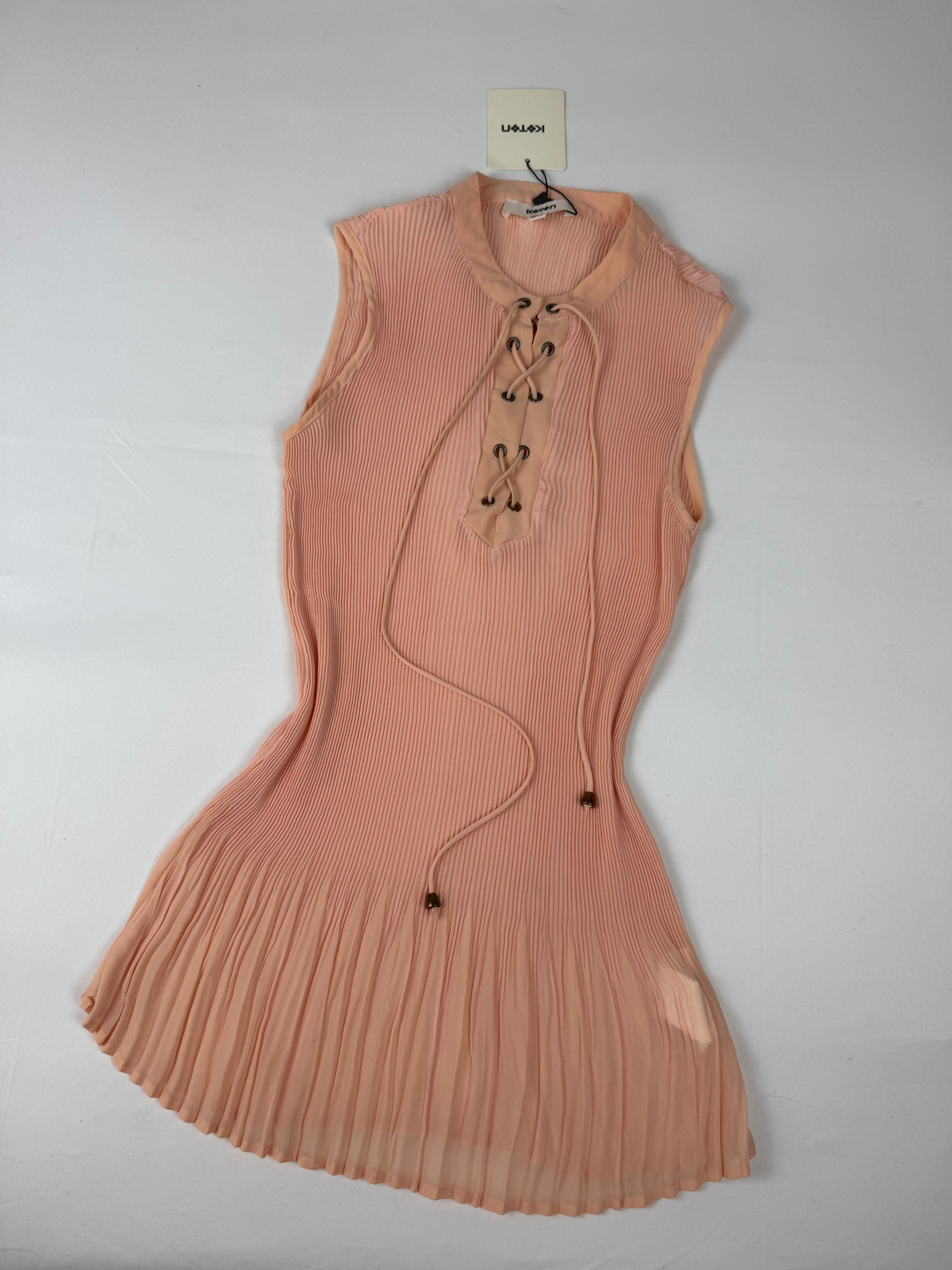 Beige / peach mesh pleated lace up tank top (M)