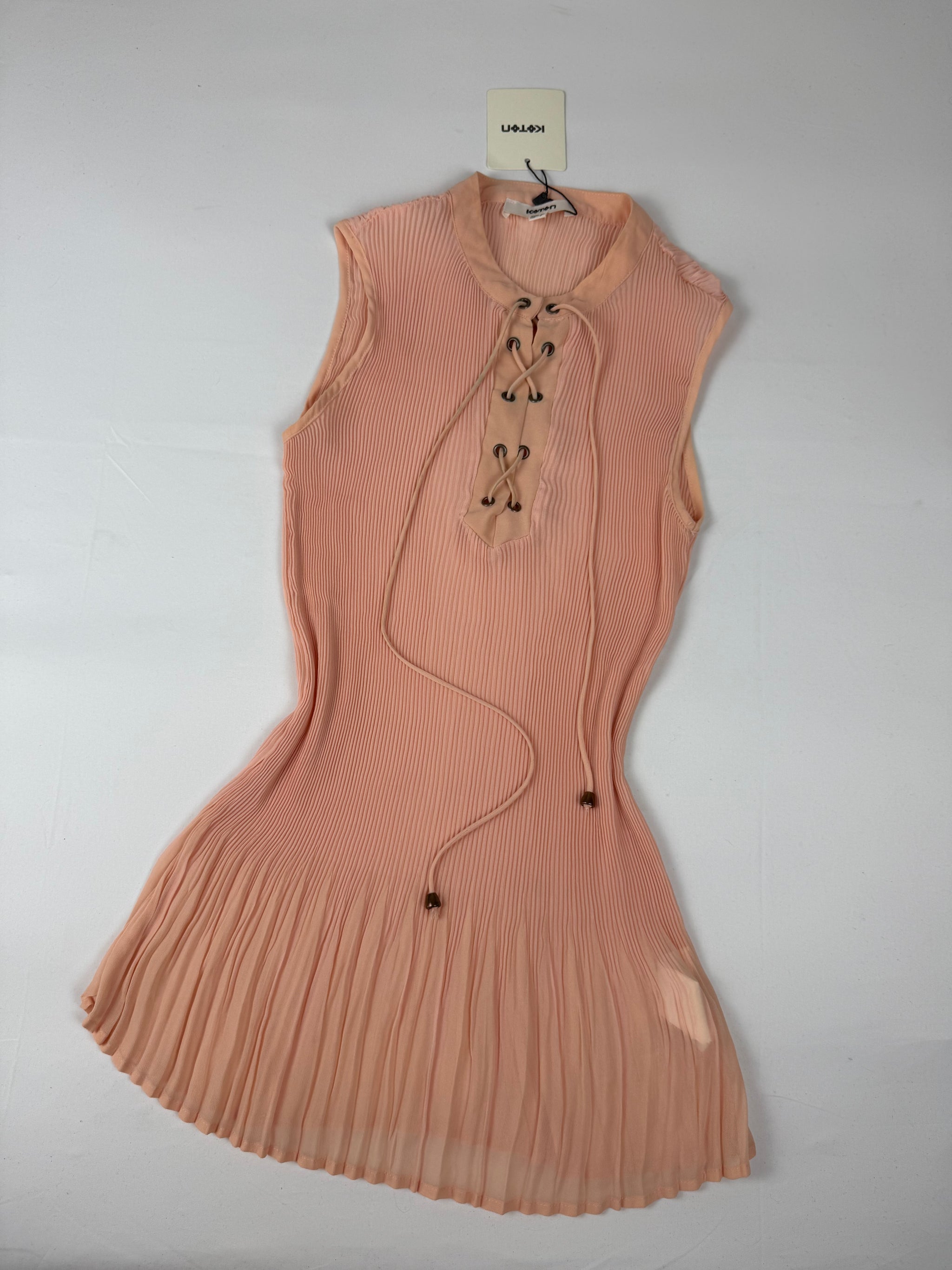 Beige / peach mesh pleated lace up tank top (M)