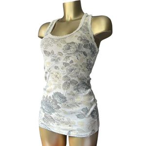 White cream floral ribbed cotton tank top (S)