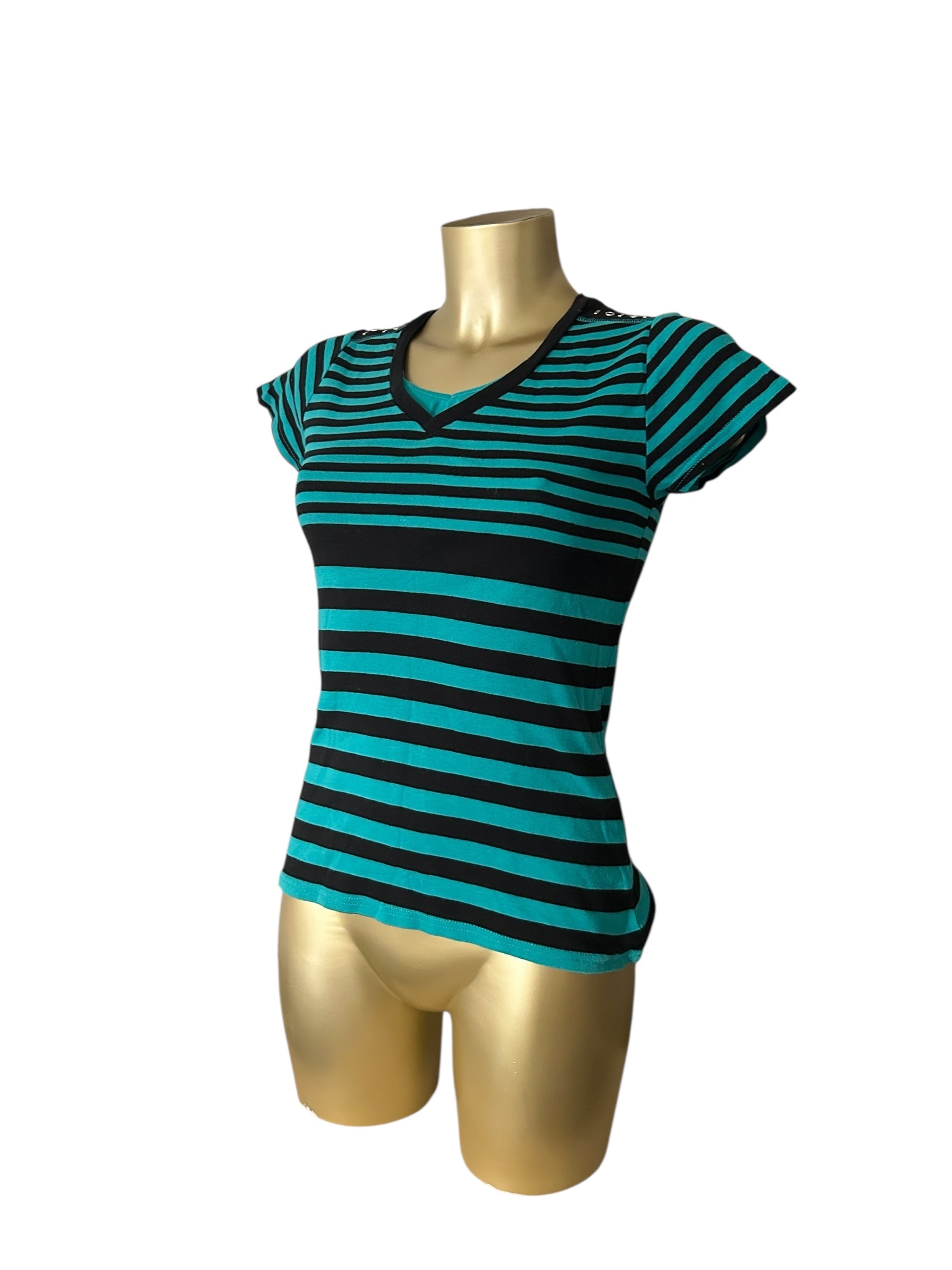 Green striped V neck 100% cotton tee (S/M)