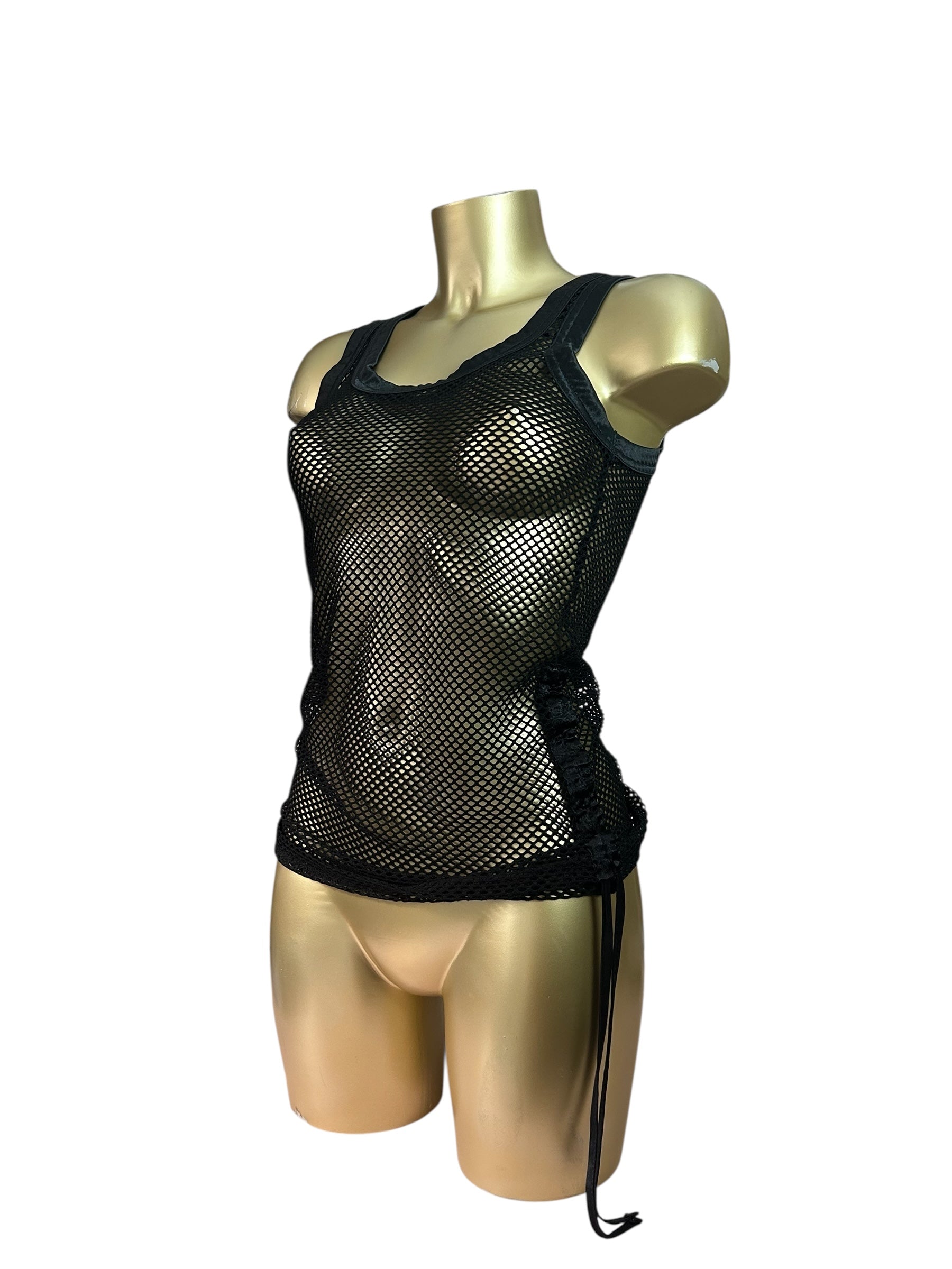 Black fishnet ruched tank top (S/M)