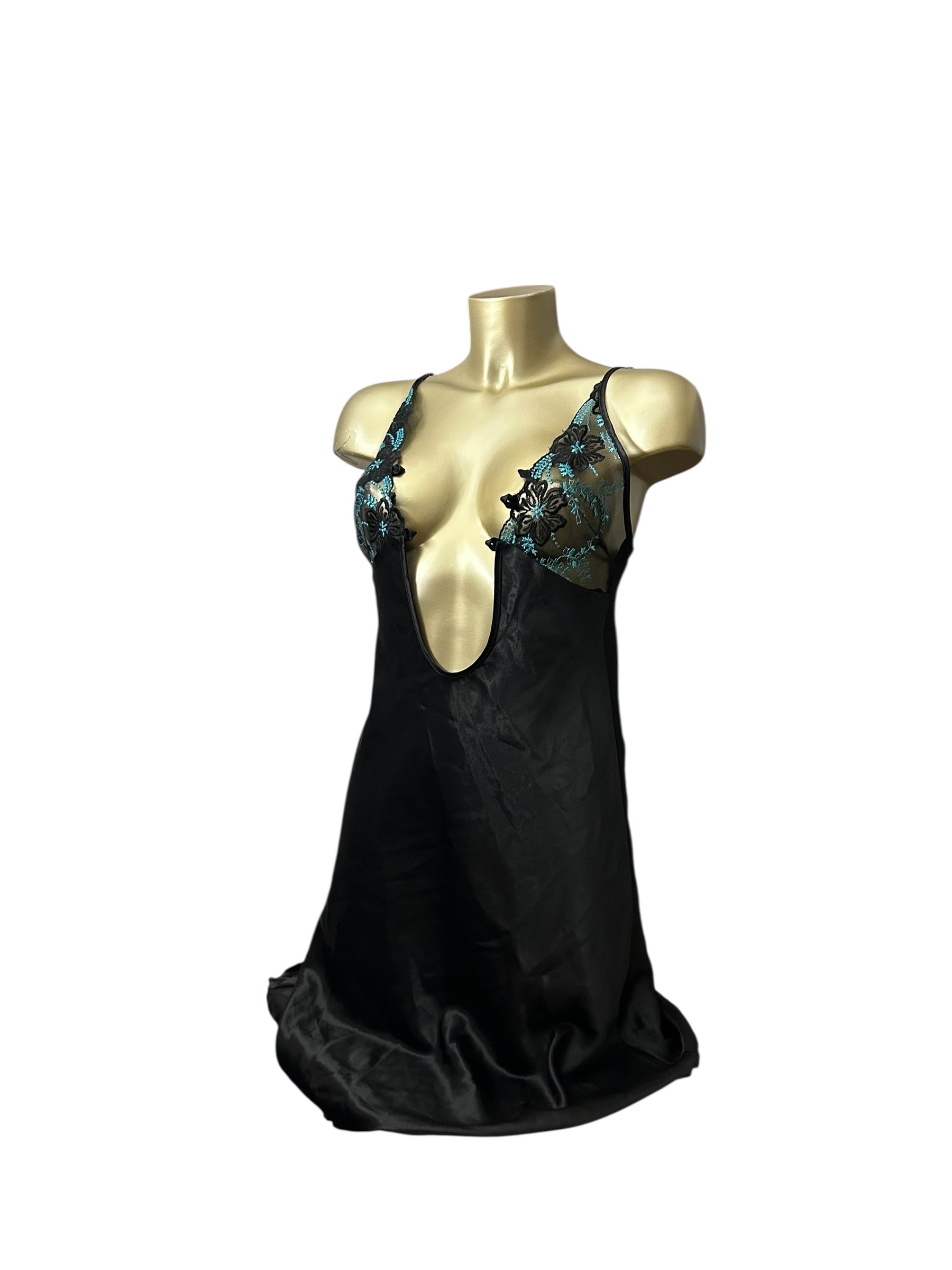 Black silky embroidered babydoll dress (M)