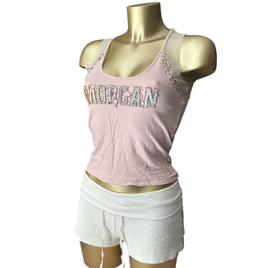 Baby pink spell out logo pearls top (S/M)
