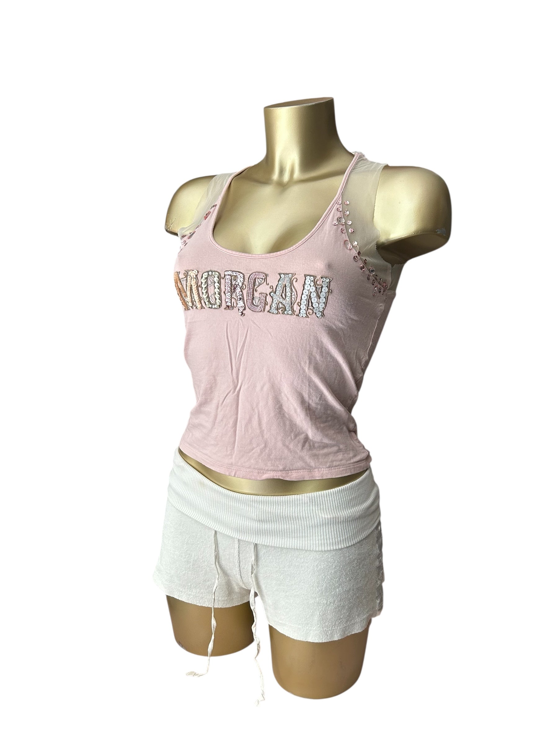 Baby pink spell out logo pearls top (S/M)