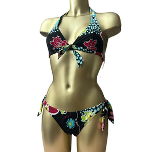 Black floral print low rise bikini set (S)
