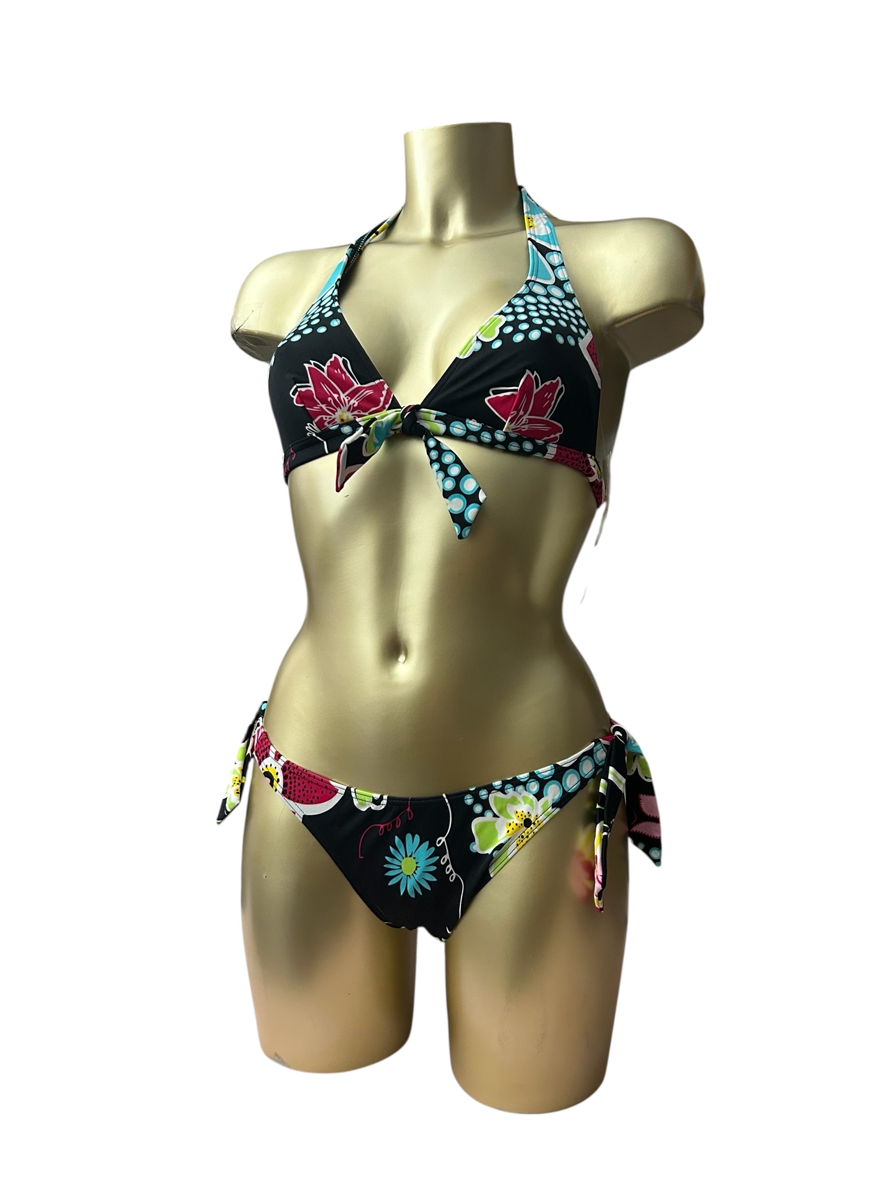 Black floral print low rise bikini set (S)
