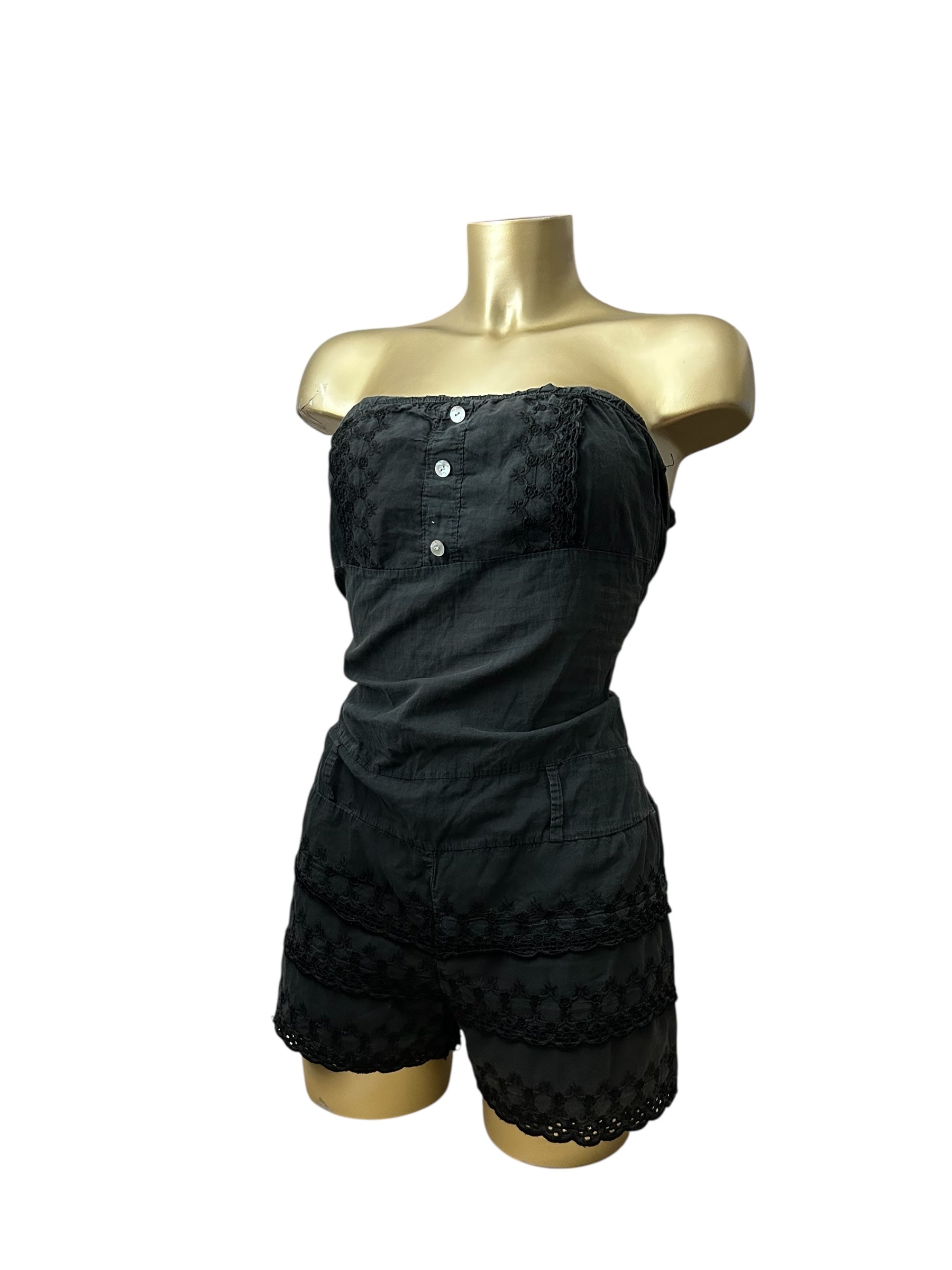 Black 100% cotton embroidered combishort (M)