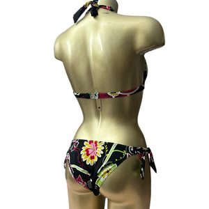 Black floral print low rise bikini set (S)