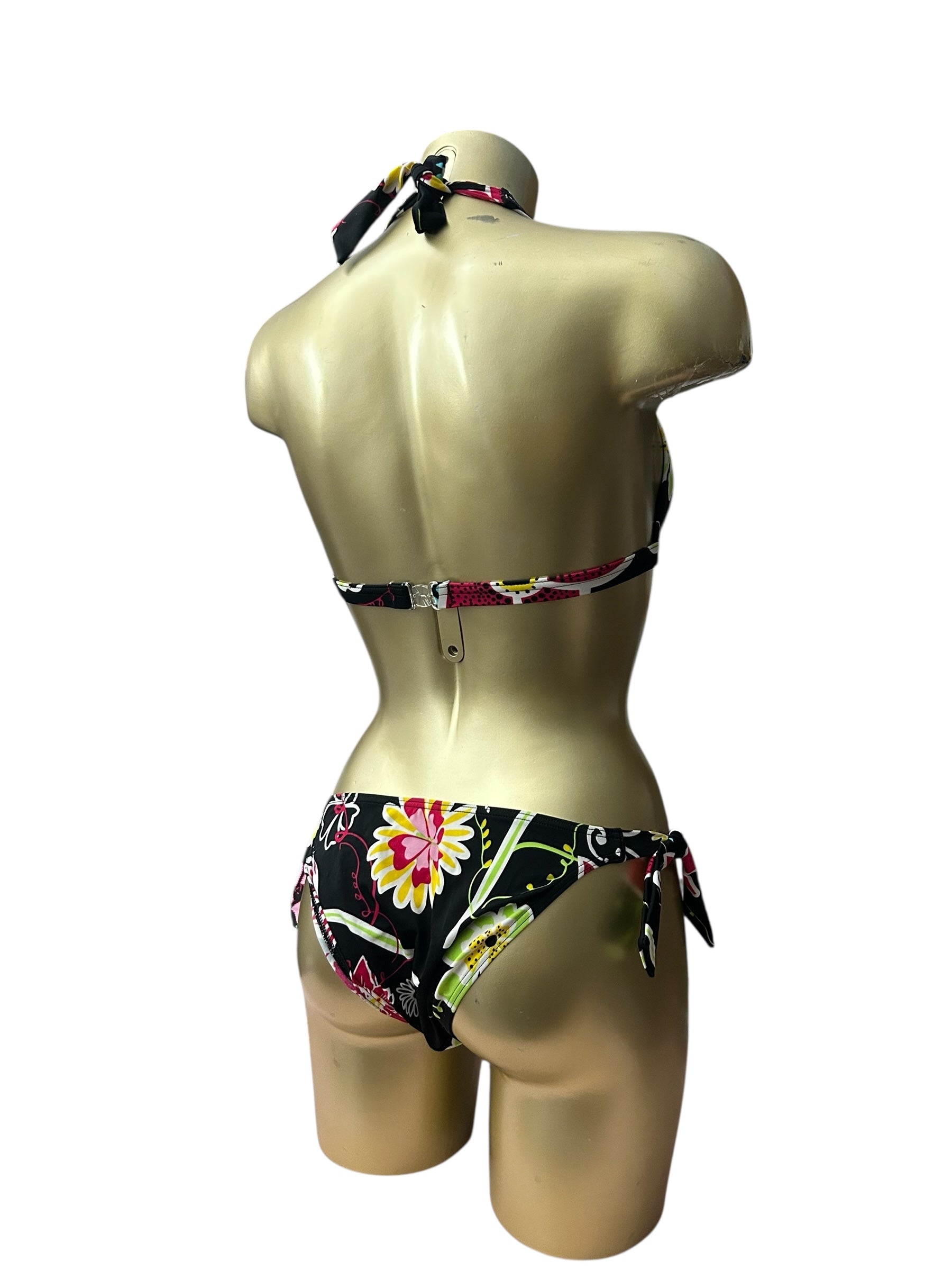 Black floral print low rise bikini set (S)