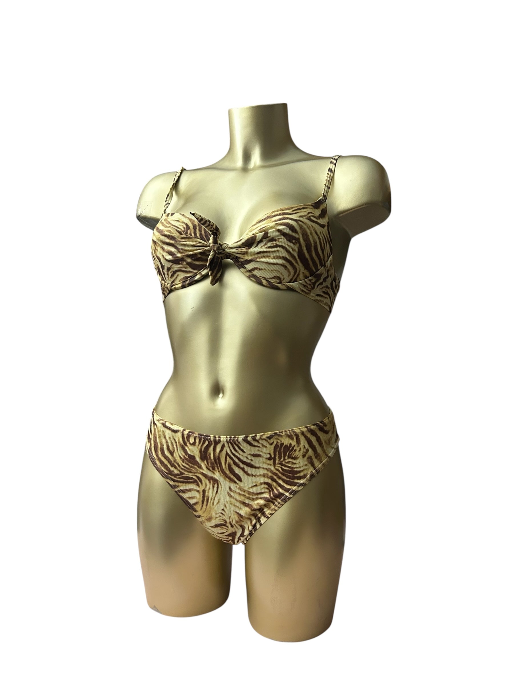 Beige tiger print mid rise bikini set (M)