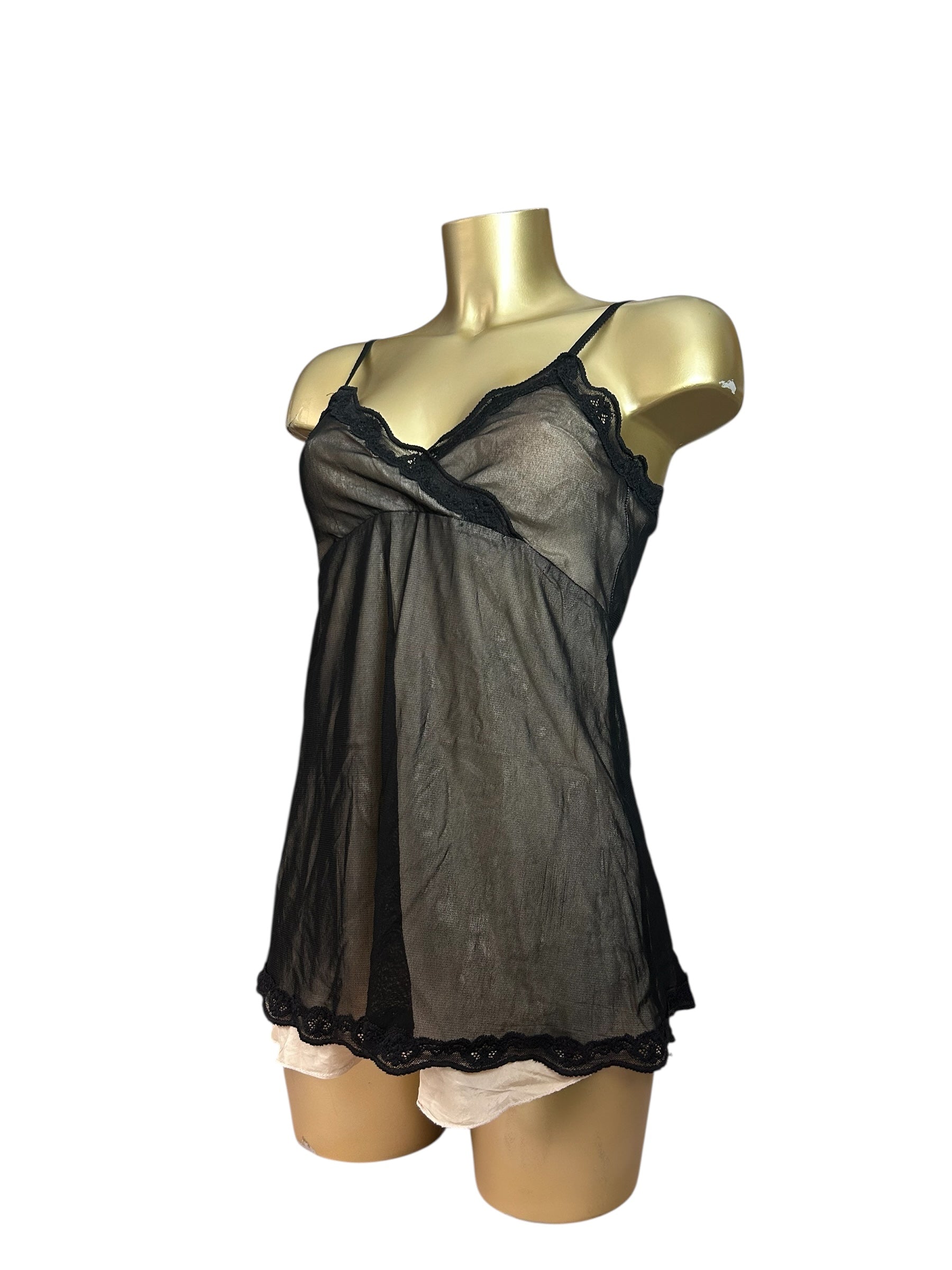 Black 100% real silk lined mesh babydoll mini dress (M/L)