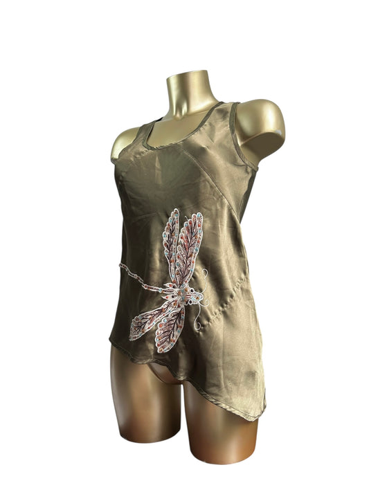 Khaki satin dragonfly asymmetric top (S)