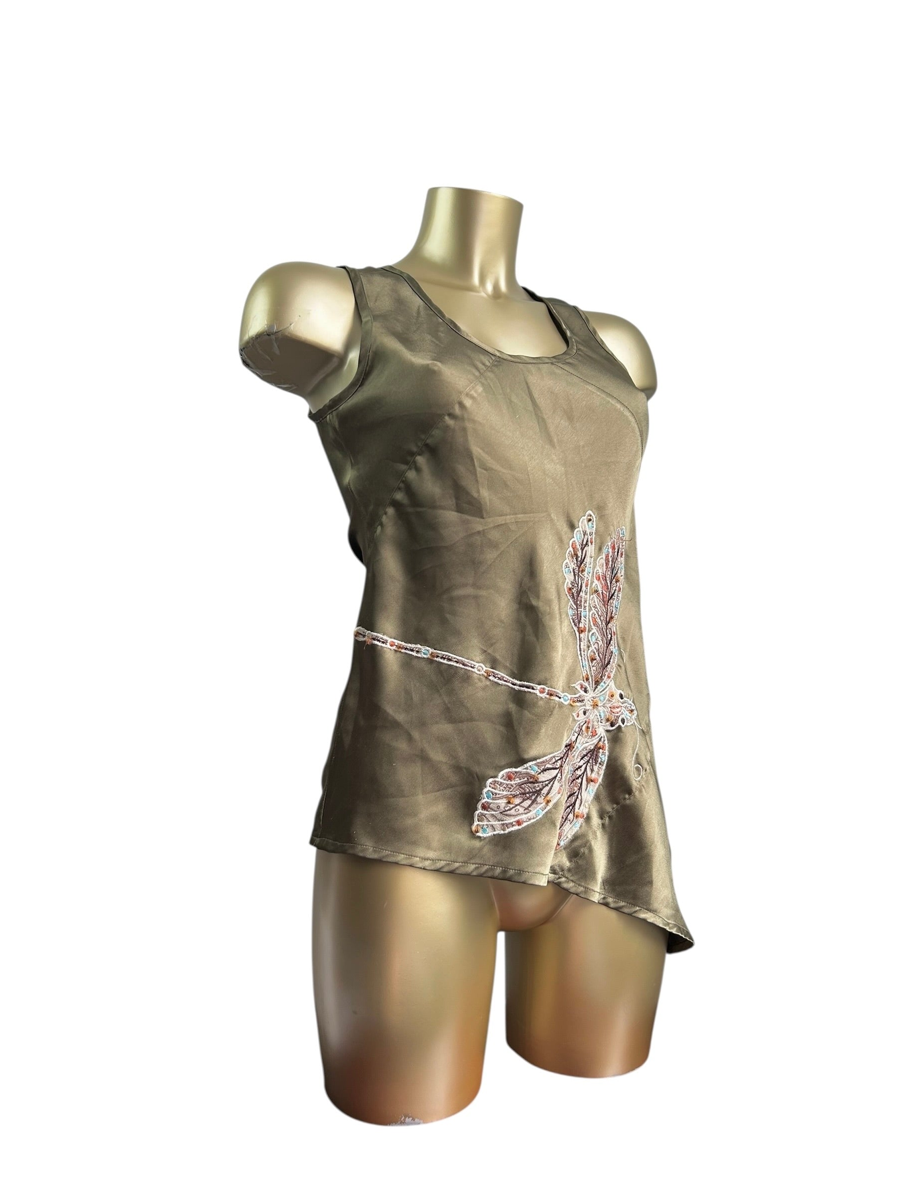 Khaki satin dragonfly asymmetric top (S)