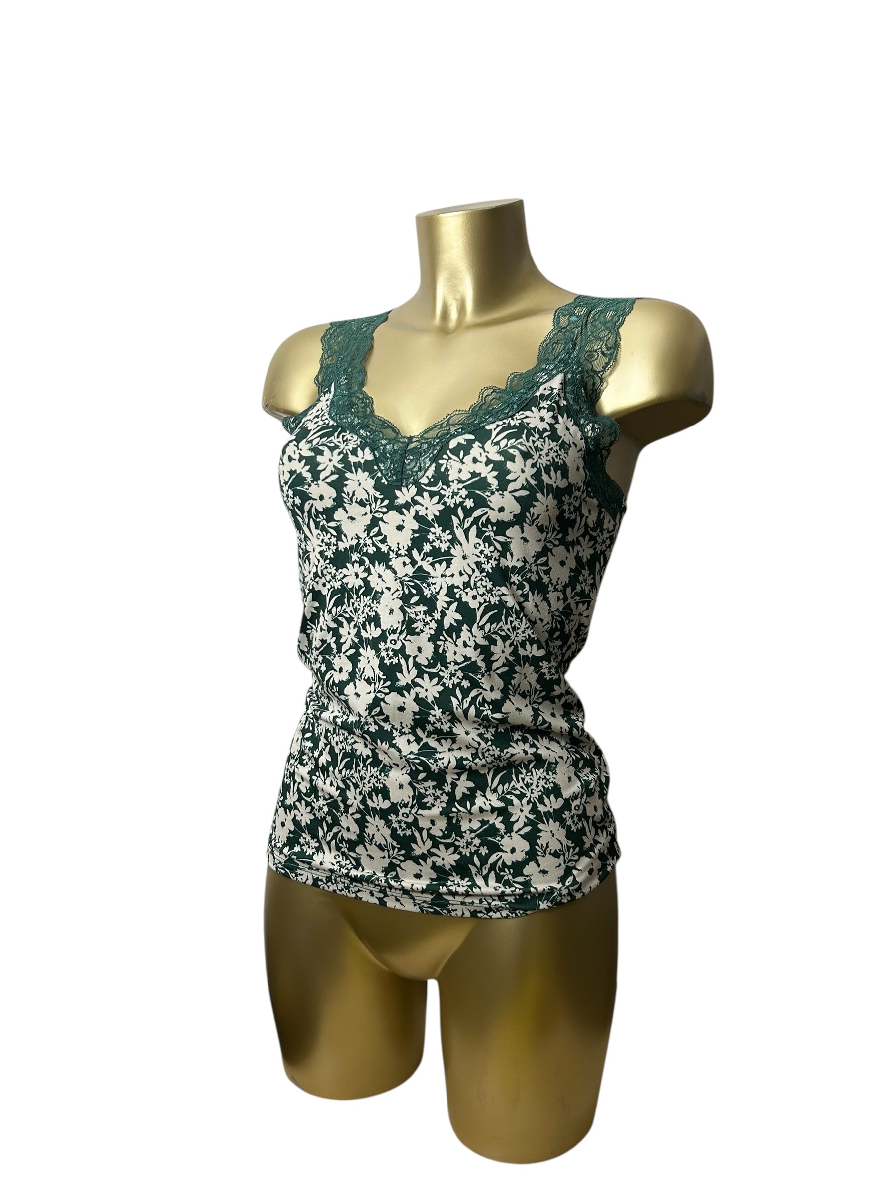 Green floral lace neck cami top (M)