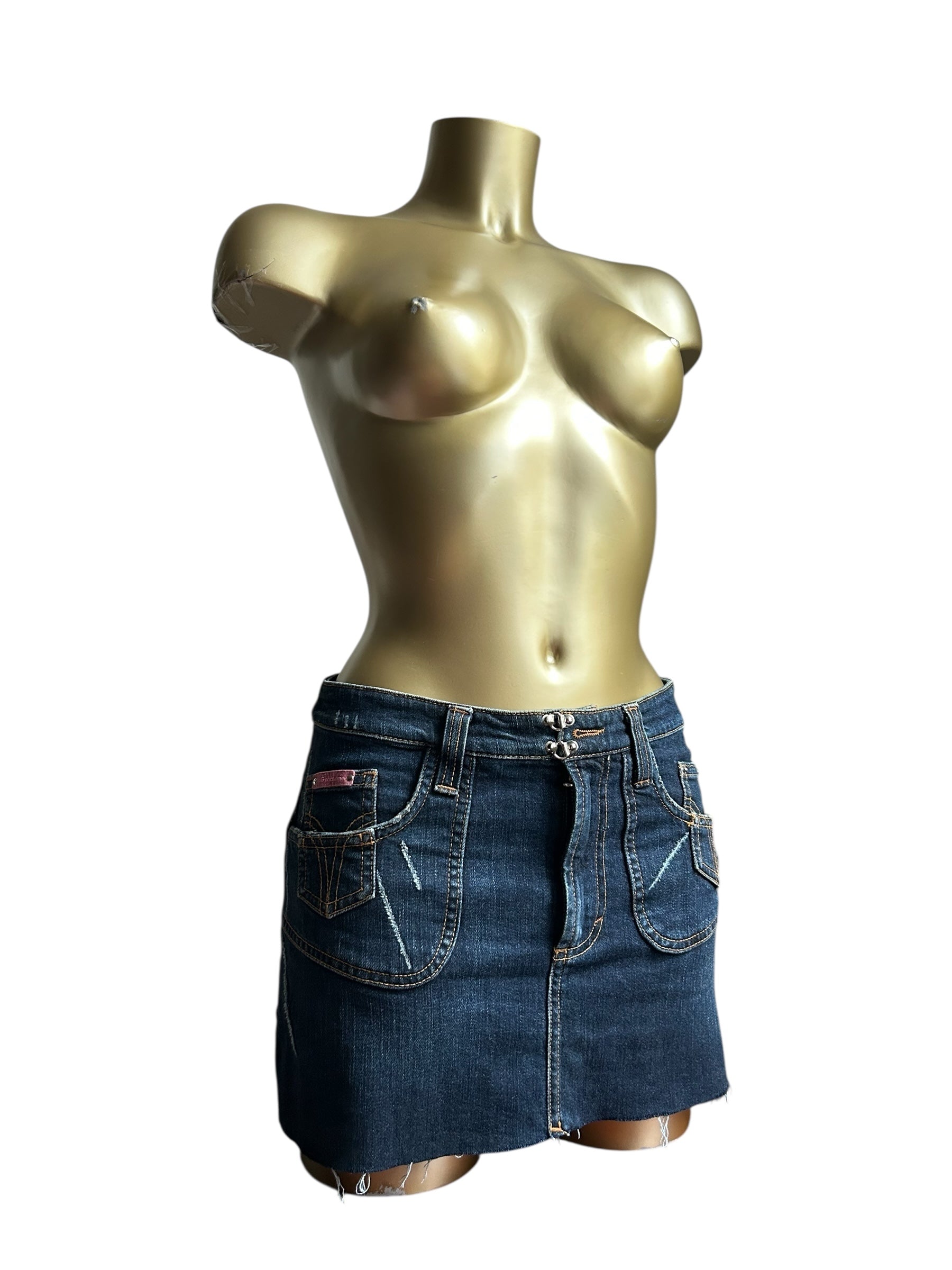 Navy denim 100% cotton low rise mini skirt (S)