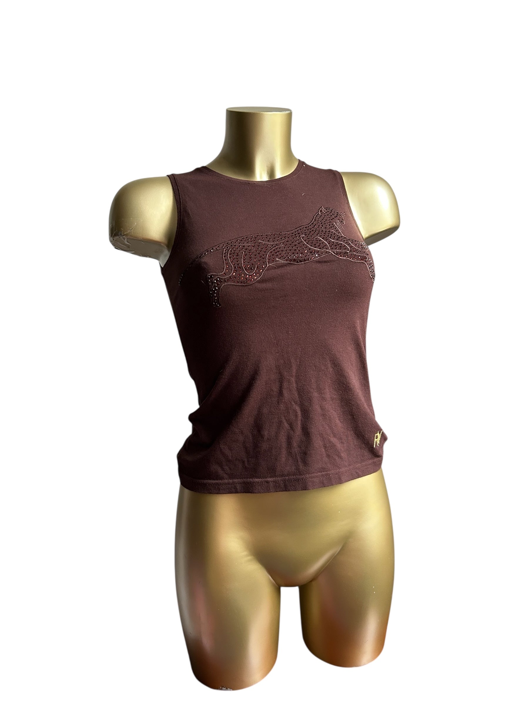Brown rhinestones panther tank top (S)