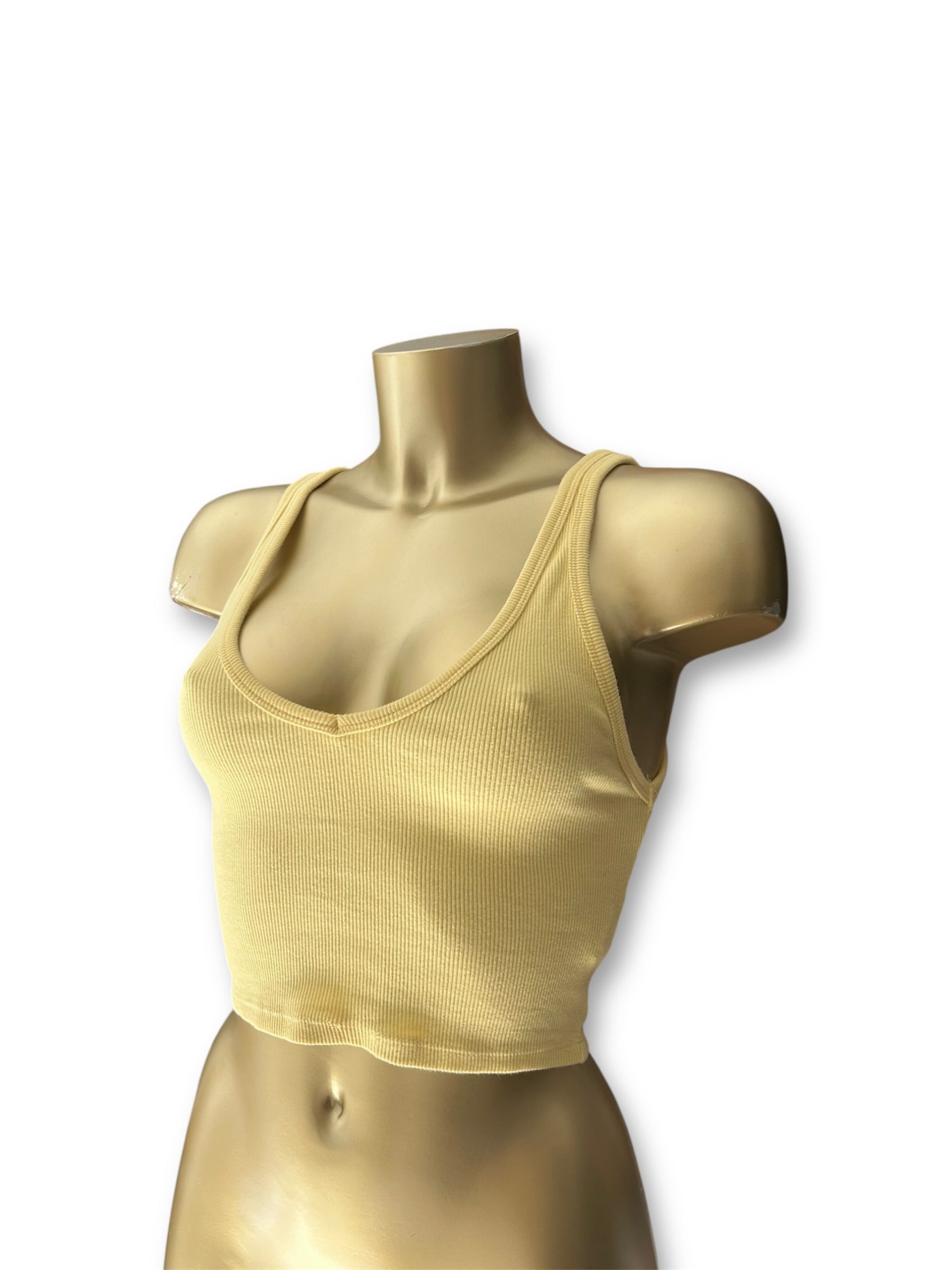 Yellow ribbed V neck cotton top (M)