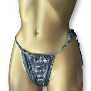 Blue denim print low rise bikini bottom (S)