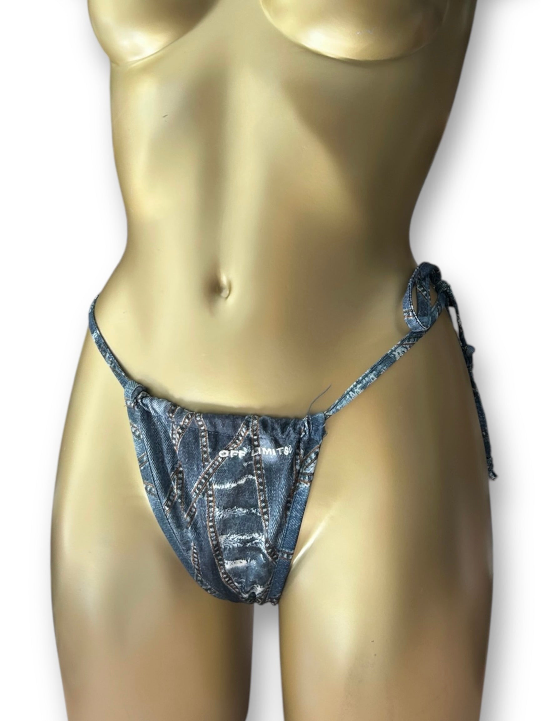 Blue denim print low rise bikini bottom (S)