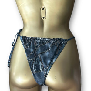 Blue denim print low rise bikini bottom (S)