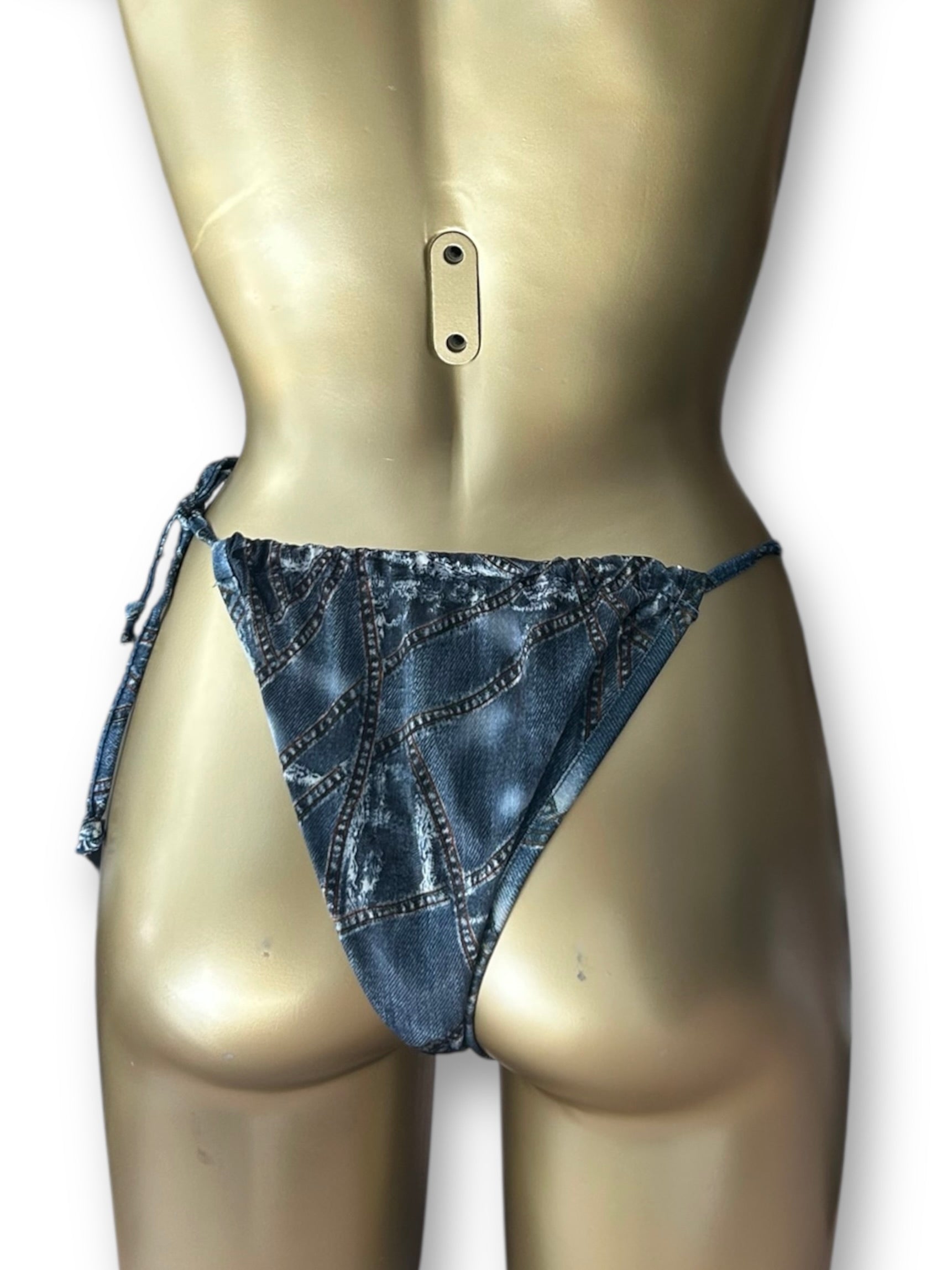 Blue denim print low rise bikini bottom (S)