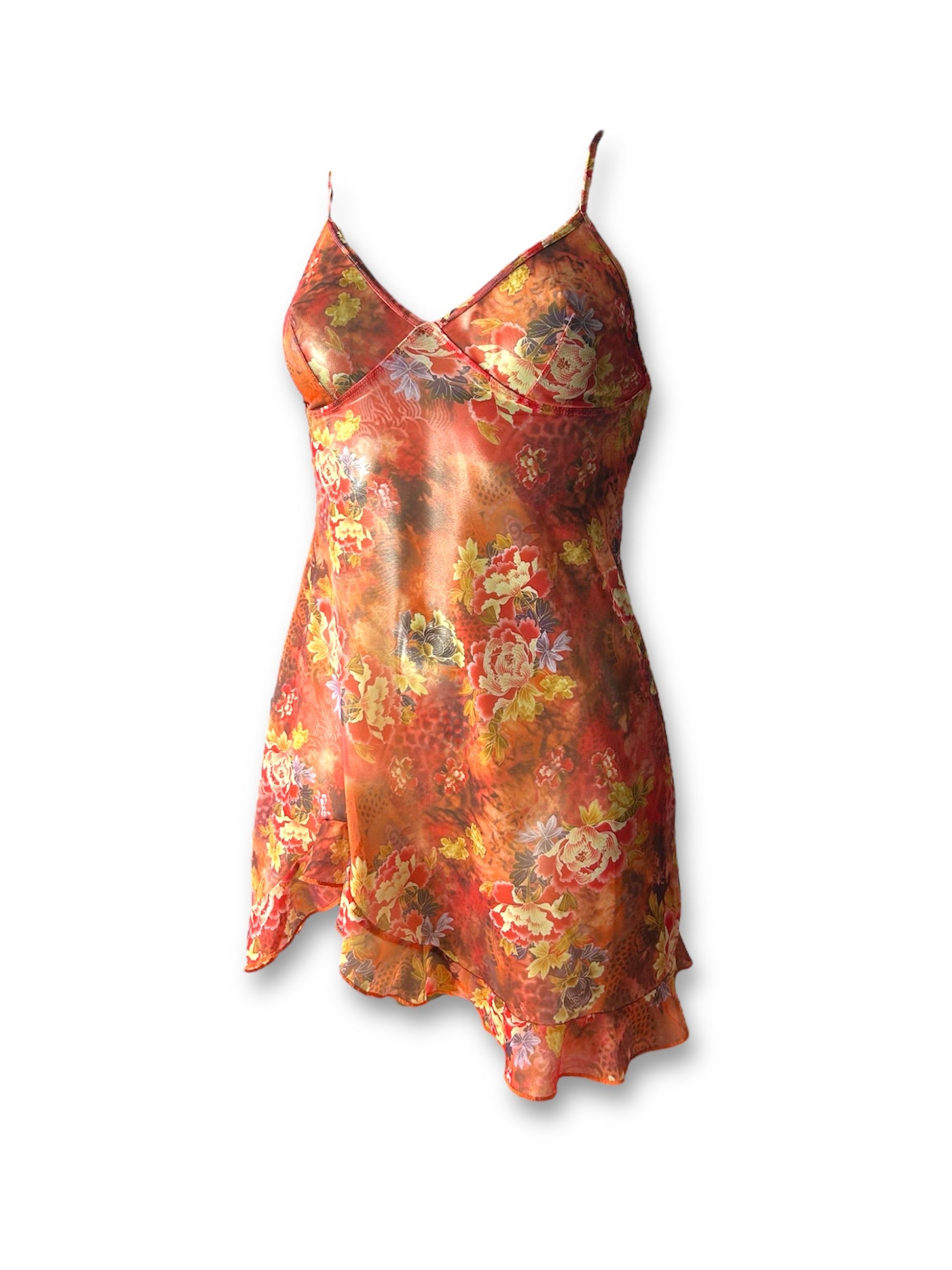 Orange floral mesh see trough babydoll mini dress + thong (S/M)