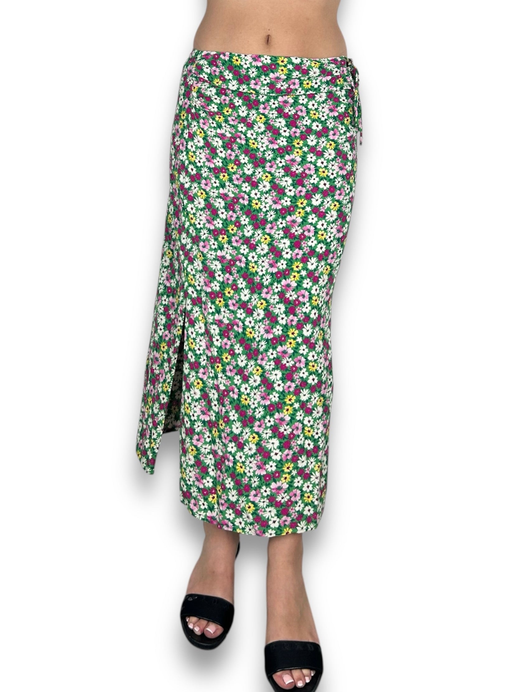 Green floral low rise maxi skirt (L)
