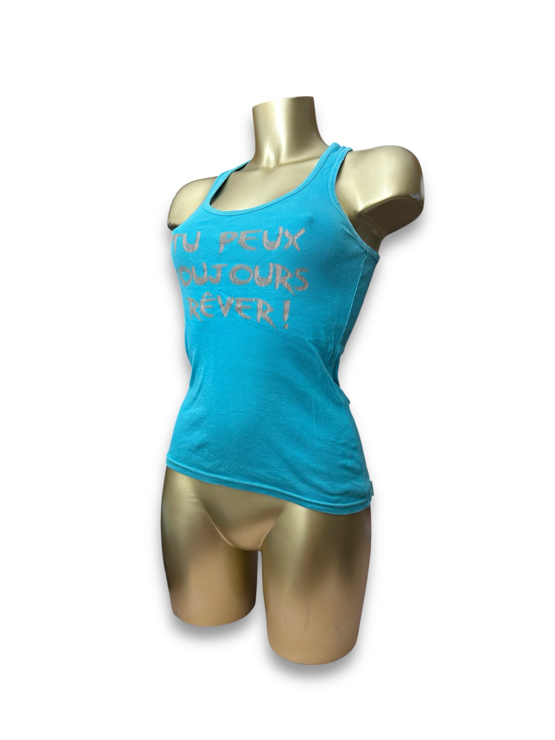 Blue 100% cotton text print tank top (S)