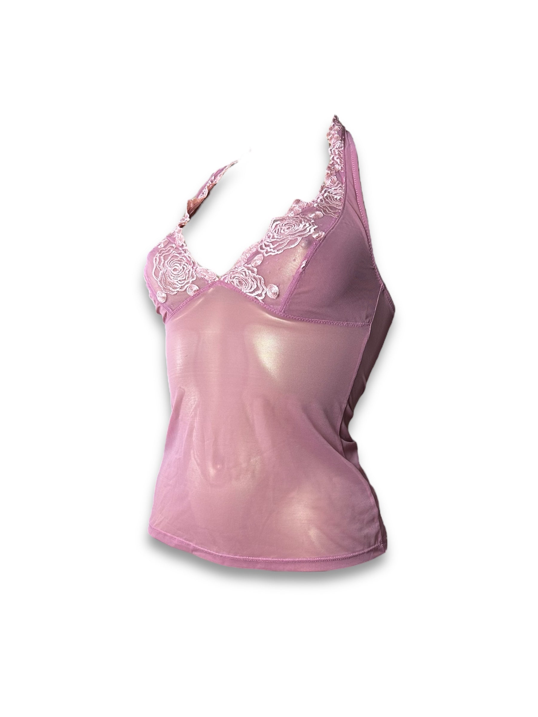 Pink floral mesh halter top (S)