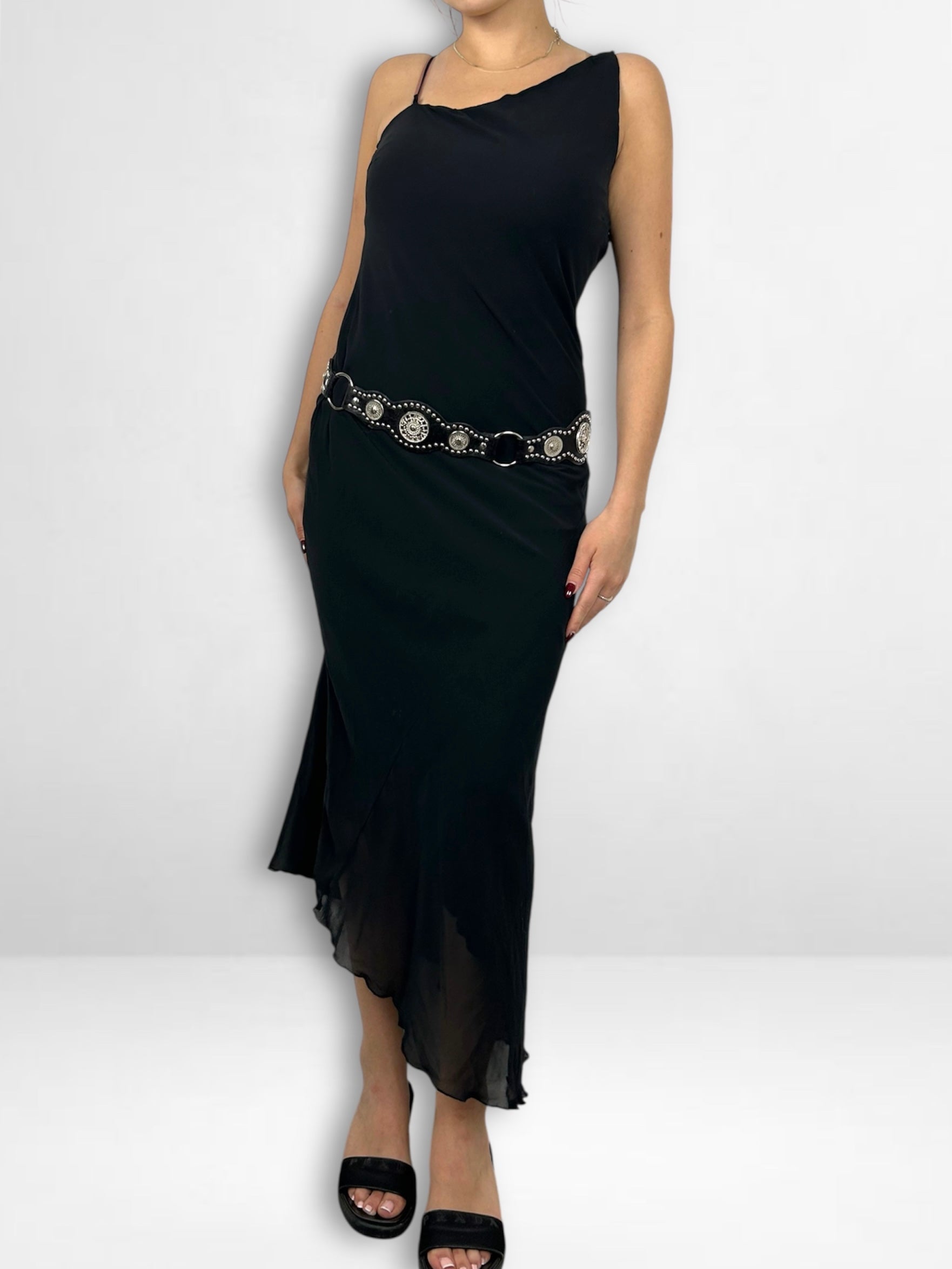 Black mesh lined asymmetric maxi dress (S/M)